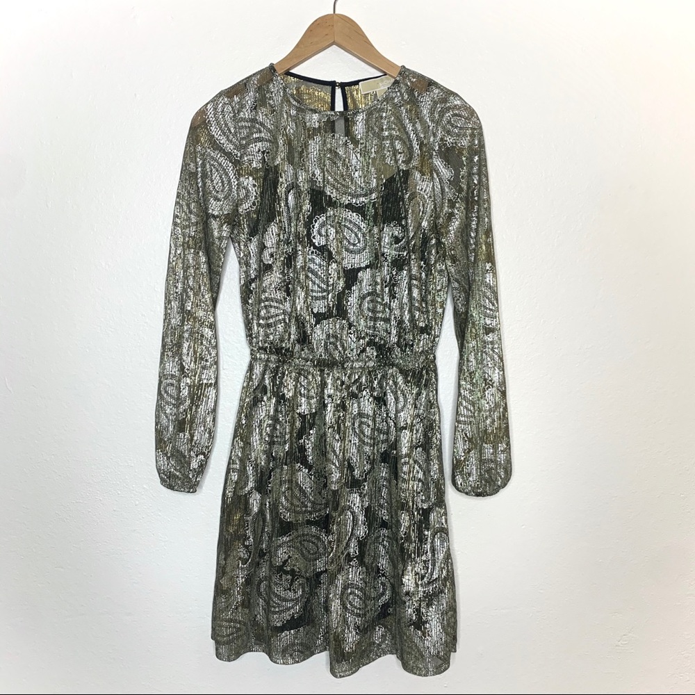 MICHAEL Michael Kors Gold Black Foil Paisley Long Sleeve Overlay Midi Dress
